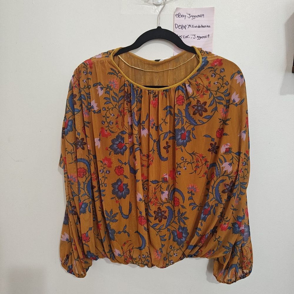 Free People Wildflower Honey Mesh BohoTop Blouse Mustard Ruched Sleeves Size L
